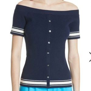 FRAME Striped Ribbed Off-the-Shoulder Navy Sweater